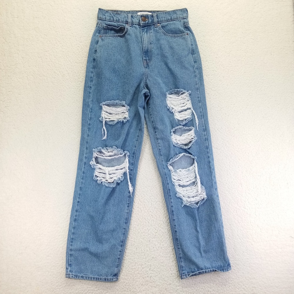 RSQ Womens Baggy Jean Medium Wash Distressed Ripped High Rise Denim Size 28